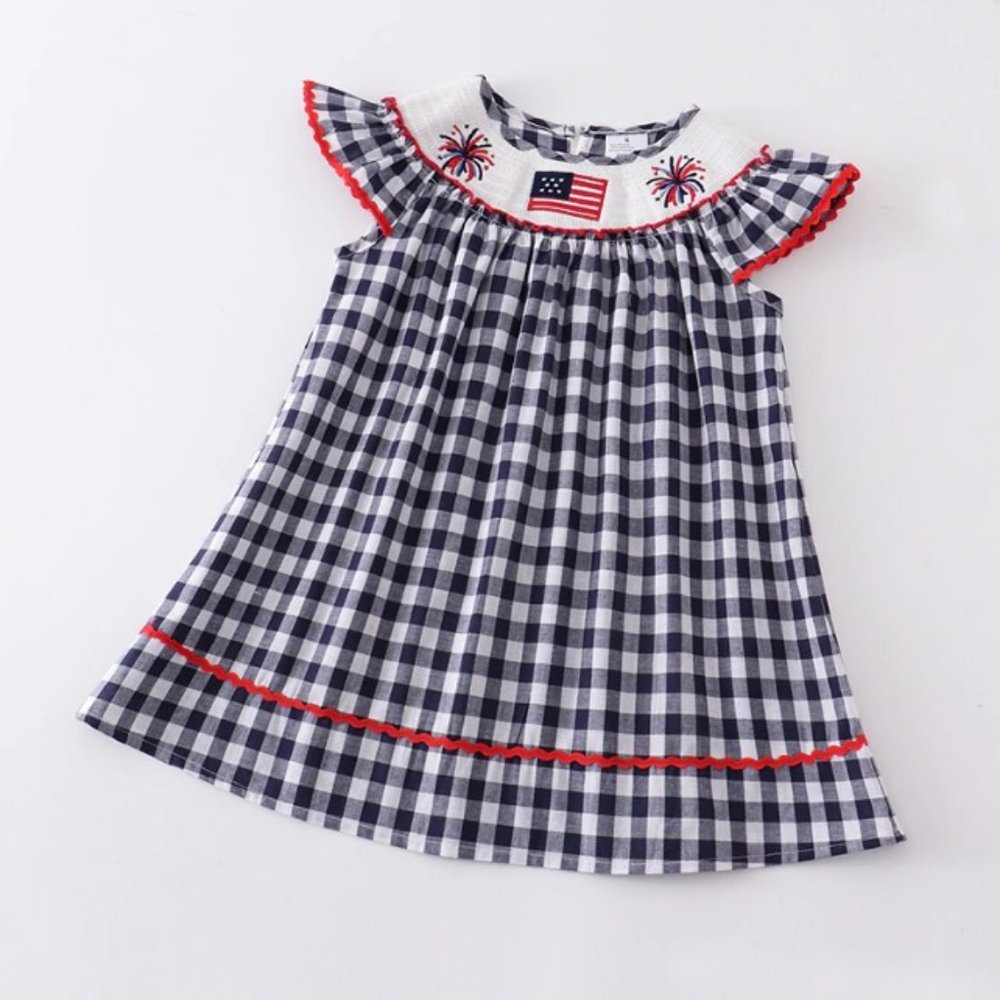 Boutique 4th of July Girls Embroidered Smocked Gingham Plaid Dress